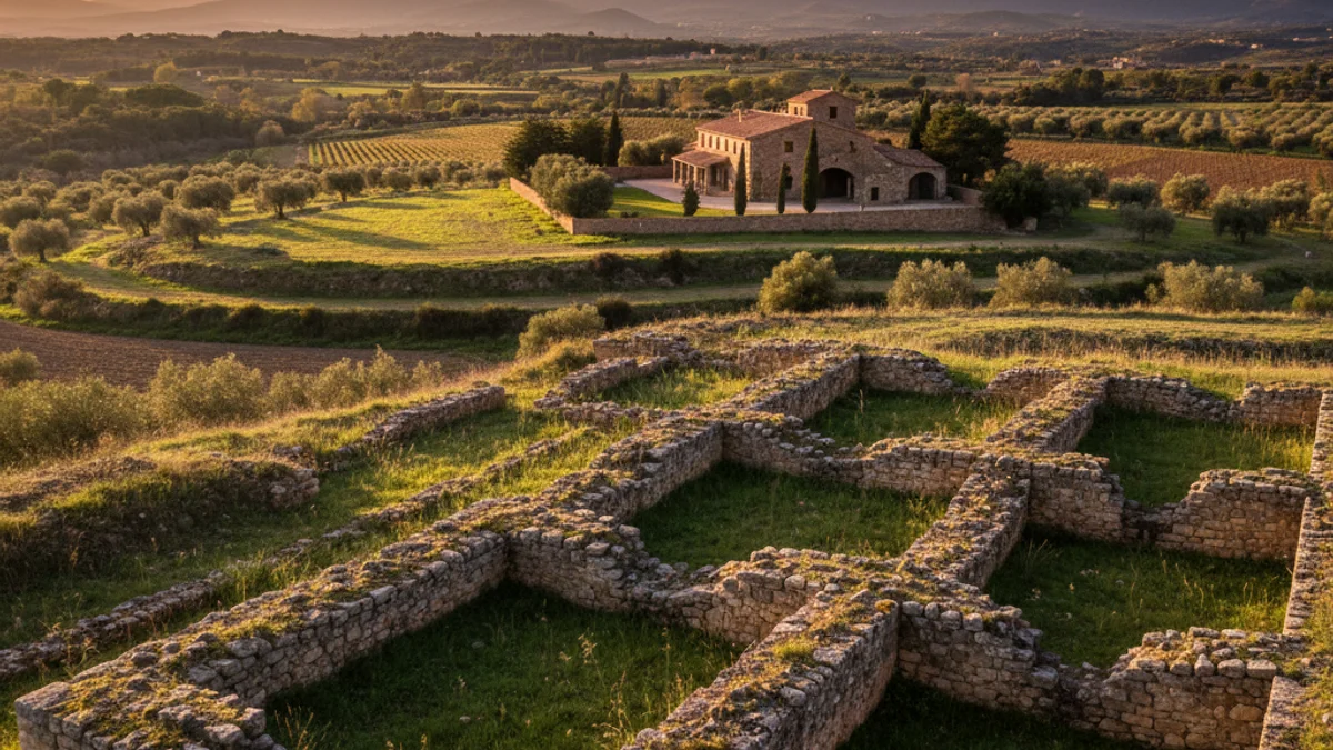 Imatge genèrica de les restes arqueològiques d'un poblat ibèric al costat d'una masia tradicional.
