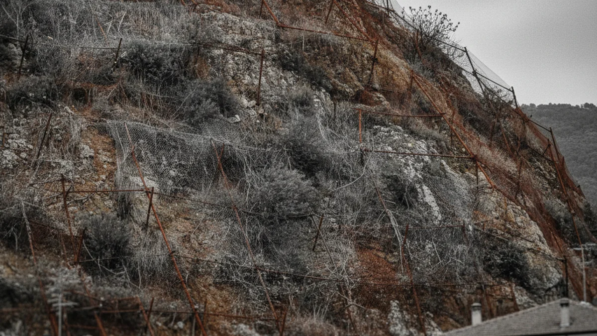 Imagen genérica de mallas de contención oxidadas en una montaña cerca de edificios de viviendas.