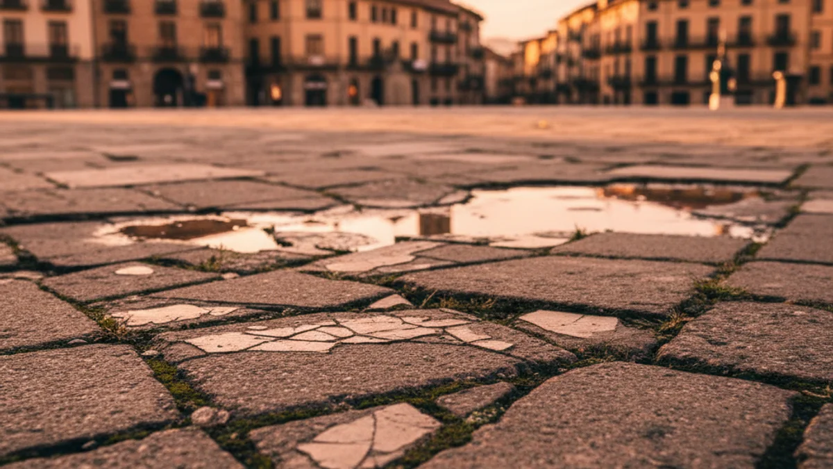 Imatge genèrica d'una vorera urbana amb desperfectes i rajoles trencades.