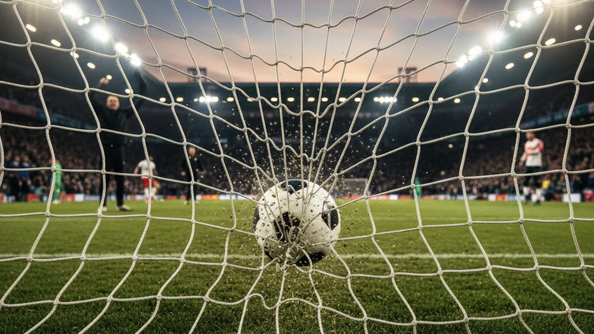 Generic image of a soccer ball hitting the net during a match at sunset.