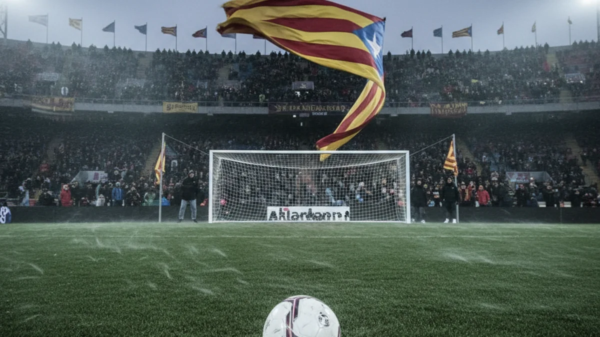 Generic image of a football near the goal during a match with windy conditions.