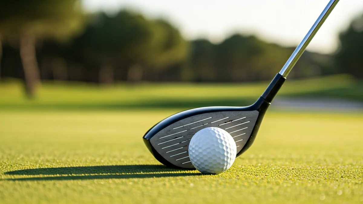 Imatge genèrica d'un pal de golf colpejant una pilota en un camp de golf verd.