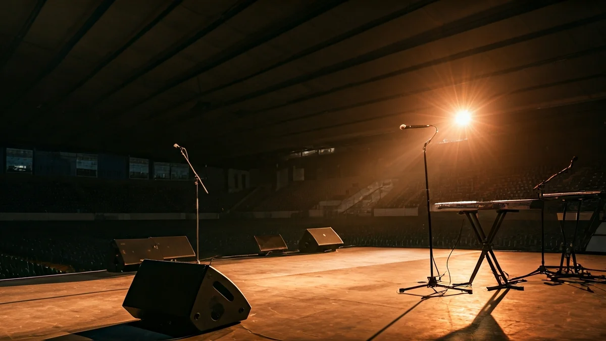 Generic image of an empty stage in a pavilion, lit for a concert.