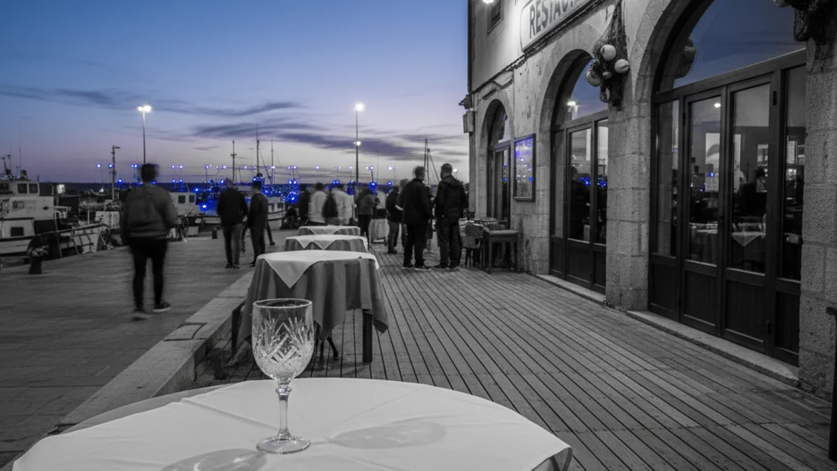 Imatge genèrica d'un restaurant de cuina marinera davant d'un port pesquer.