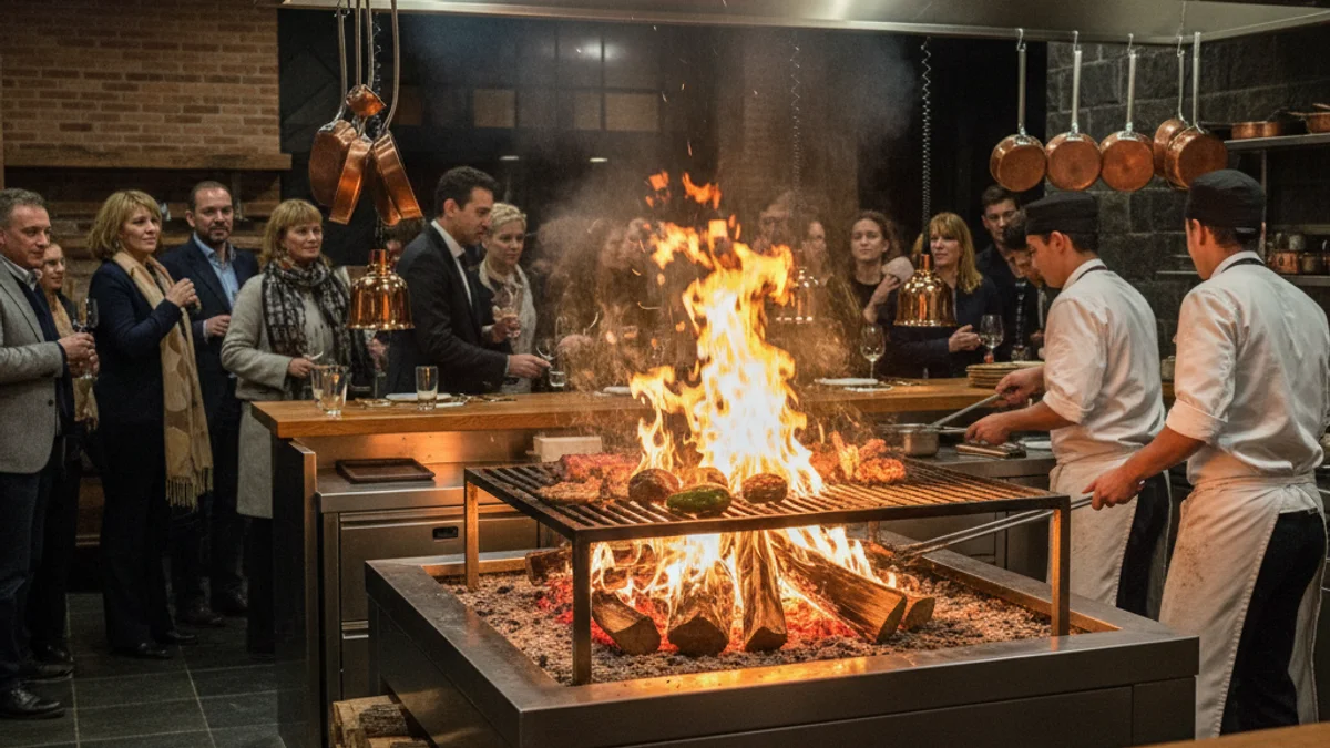 Imatge genèrica de la cuina d'un restaurant amb brasa de llenya i un ambient càlid.