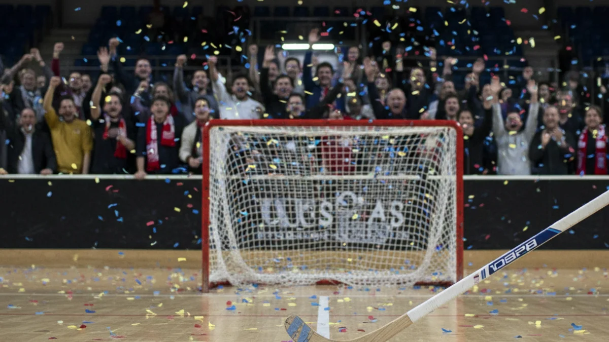 Imatge genèrica d'una pista d'hoquei patins amb una pilota i un estic després d'un partit.