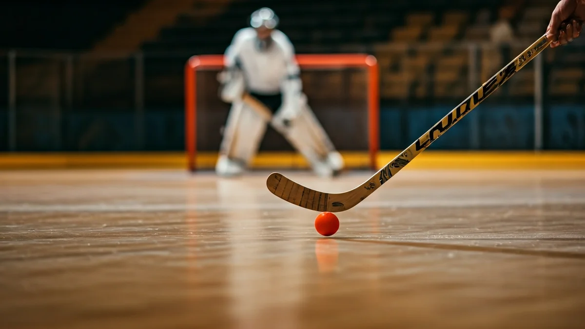 Generic image of a roller hockey match with a player hitting the ball.