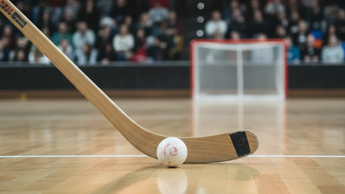 Imatge genèrica d'un estic i una bola d'hoquei patins sobre el parquet d'un pavelló esportiu.