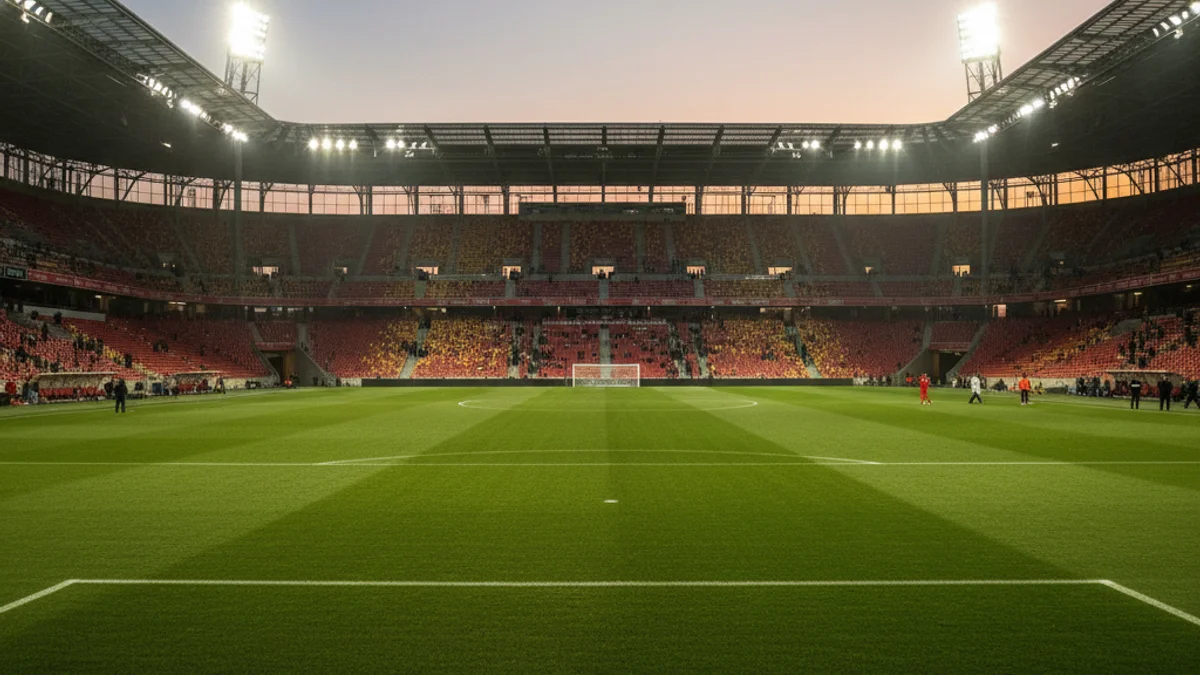 Imatge genèrica d'un estadi de futbol sota els focus durant un partit de competició.