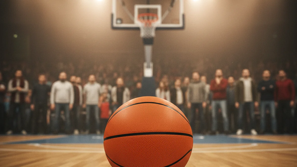 Generic image of a basketball on a sports court floor.