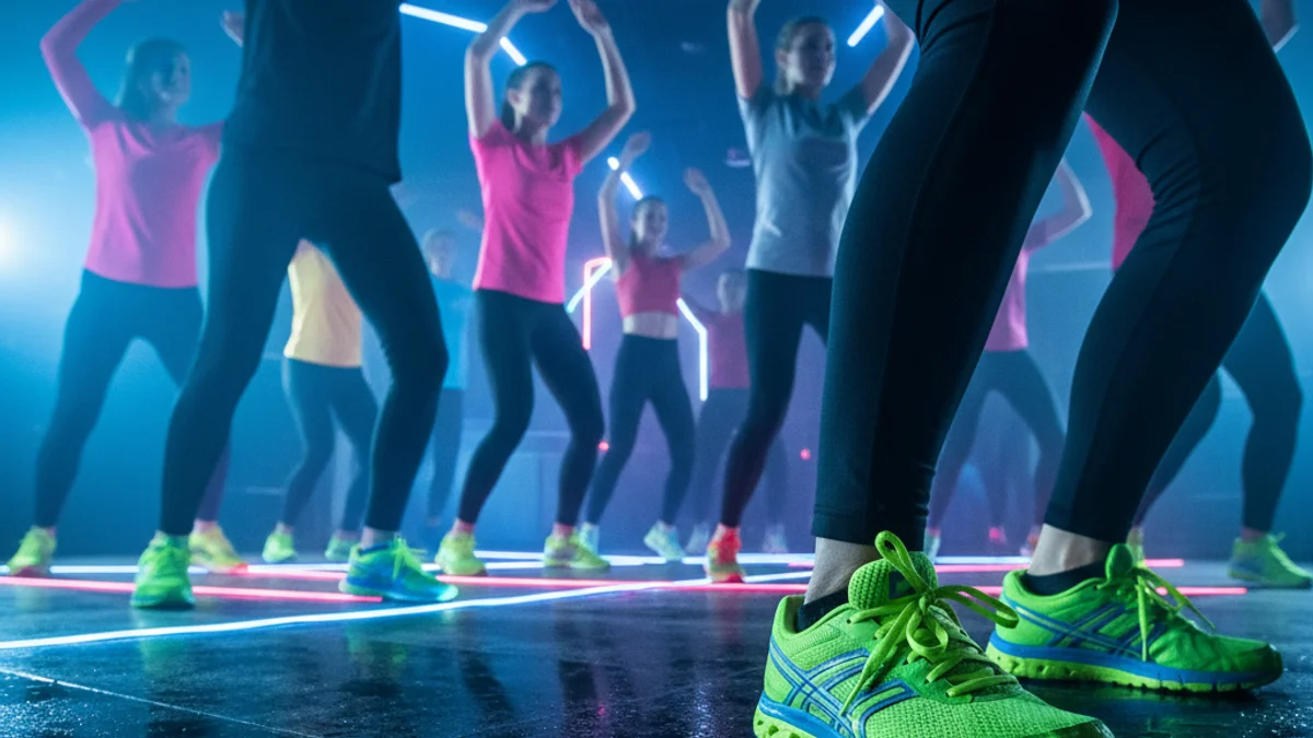 Imatge genèrica d'unes vambes de running en una pista de ball amb llums de neó.