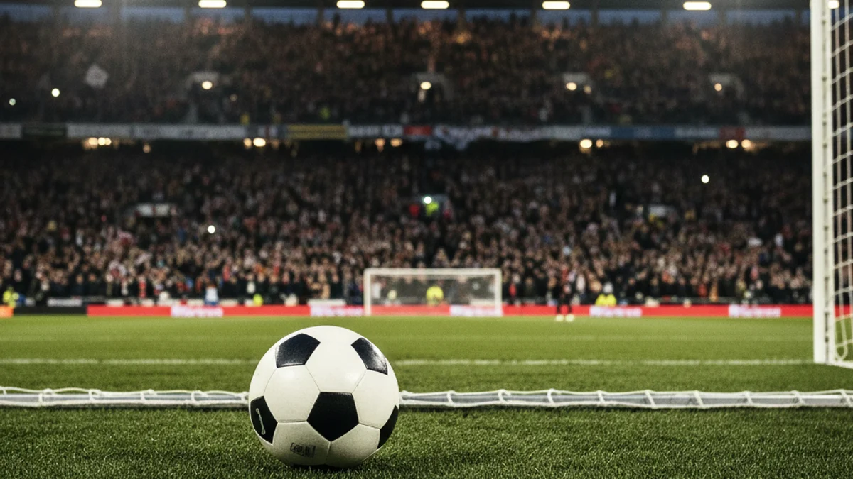 Imatge genèrica d'una pilota de futbol sobre la gespa d'un estadi amb els llums encesos.