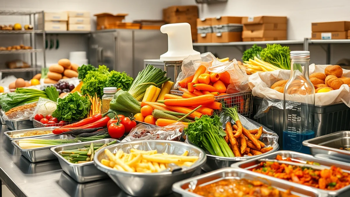 Imatge genèrica de diversos aliments frescos i elaborats preparats per a la seva distribució en un menjador social.