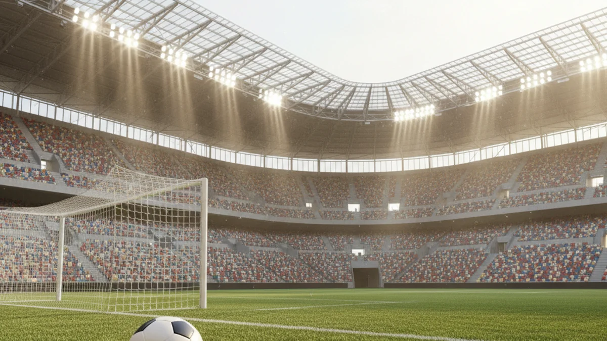 Imatge genèrica d'una pilota de futbol sobre la gespa d'un estadi buit sota la llum del sol.