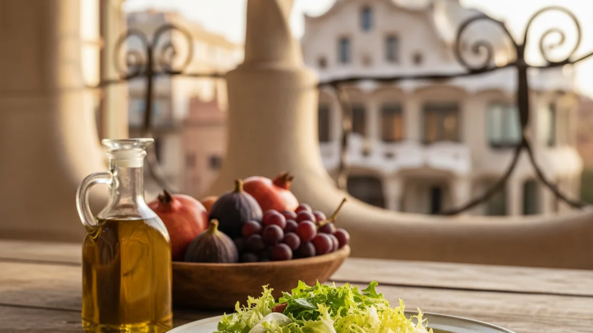 Imatge genèrica d'una dieta mediterrània senzilla amb fruita, fruits secs i oli d'oliva.