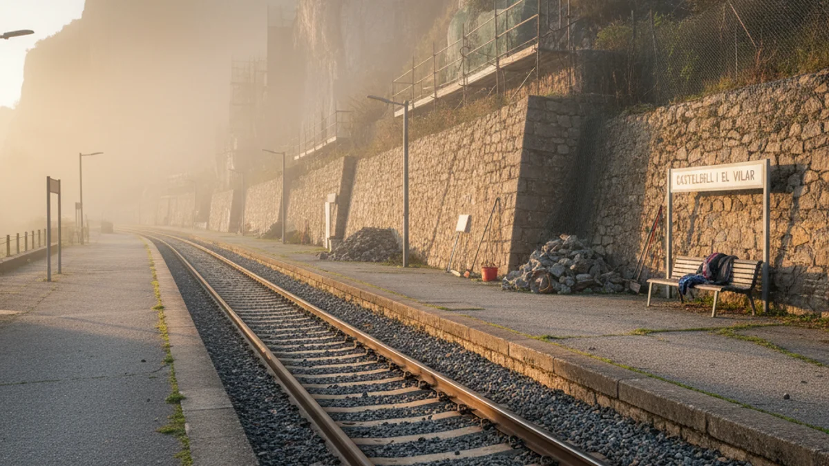 Generic image of train tracks running between slopes and retaining walls in a mountainous area.