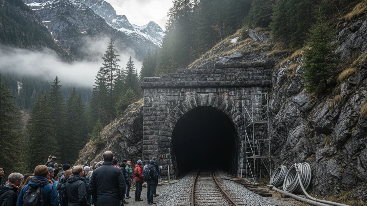 Generic image of a railway tunnel entrance in a mountainous area during maintenance works.