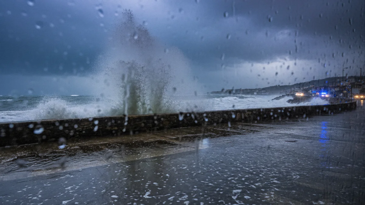 Generic image of a heavy sea storm with waves crashing against the coast under an overcast sky.