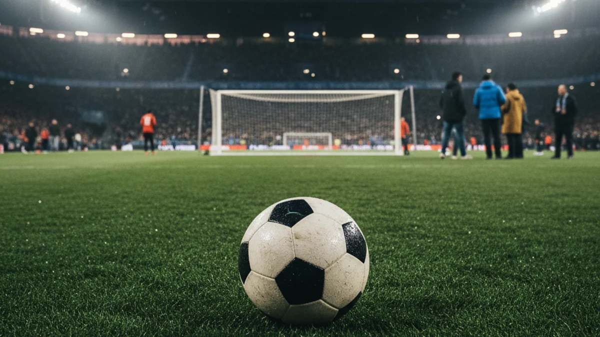 Generic image of a soccer ball on a stadium field under floodlights.