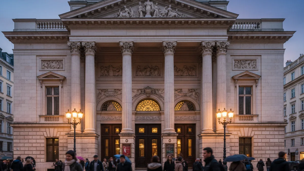 Generic image of a classic theater facade with night lighting.