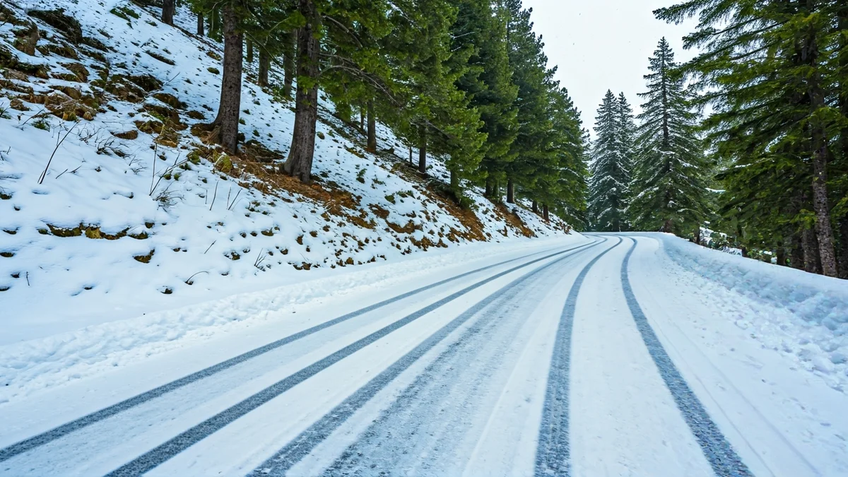 Imatge genèrica d'una carretera de muntanya nevada amb arbres borrosos al fons, sota una nevada intensa.