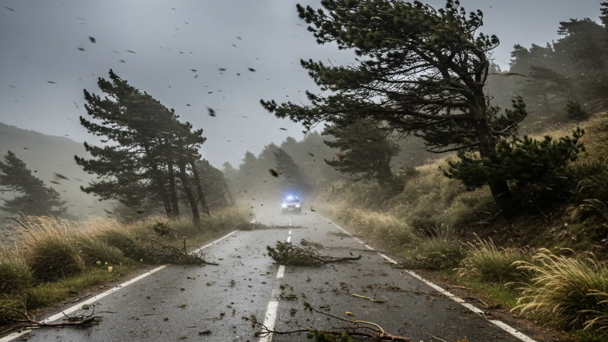 Imatge genèrica d'una carretera de muntanya sota els efectes d'un fort temporal de vent.