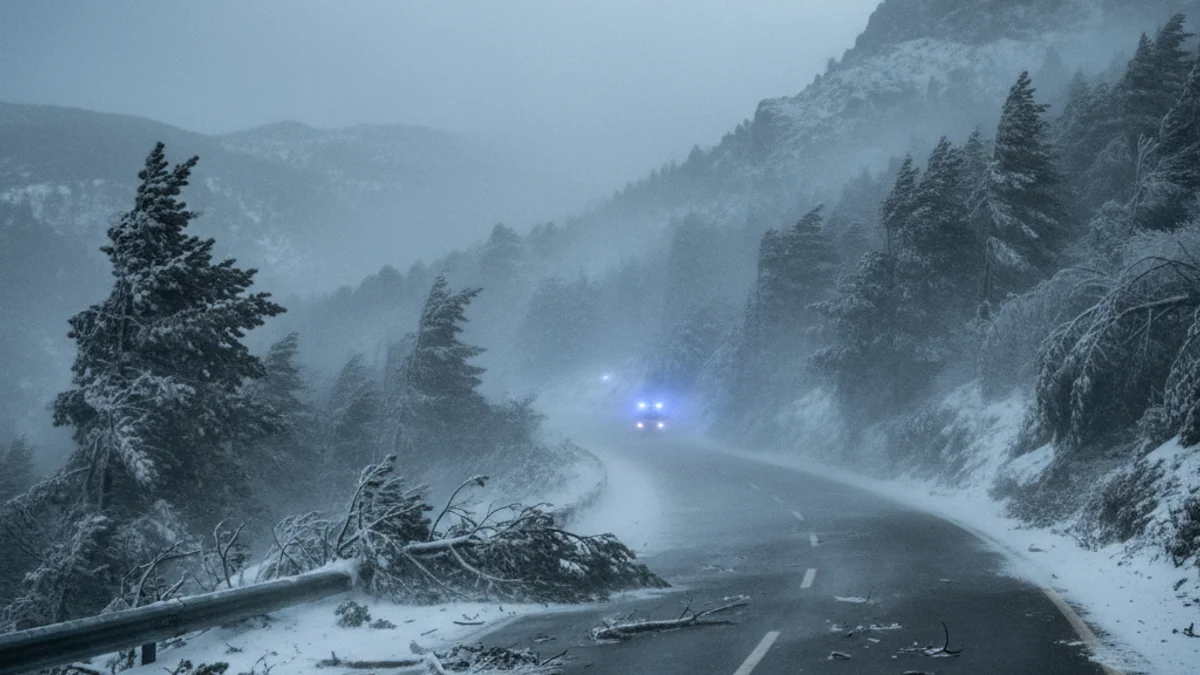 Generic image of a mountain road with fallen branches and storm wind conditions.
