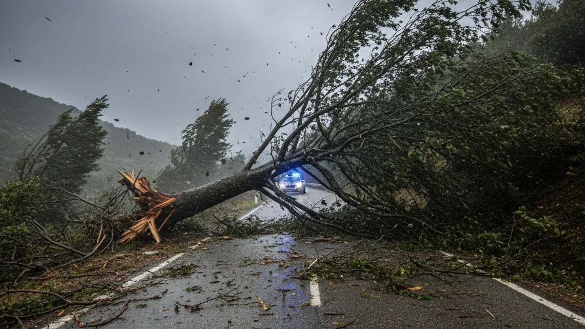 Imatge genèrica d'un arbre caigut en una carretera de muntanya durant un temporal de vent.