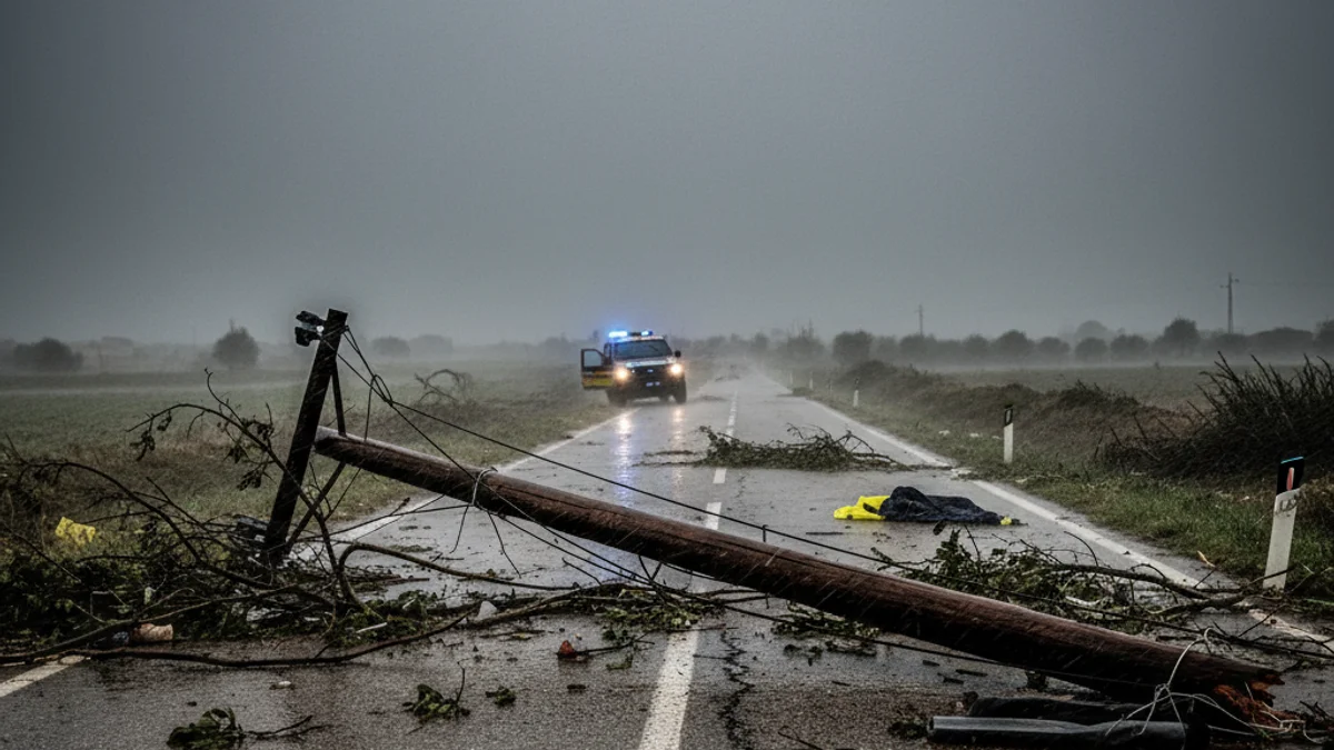 Imagen genérica de una carretera con restos de ramas y un poste de telefonía afectado por el viento.
