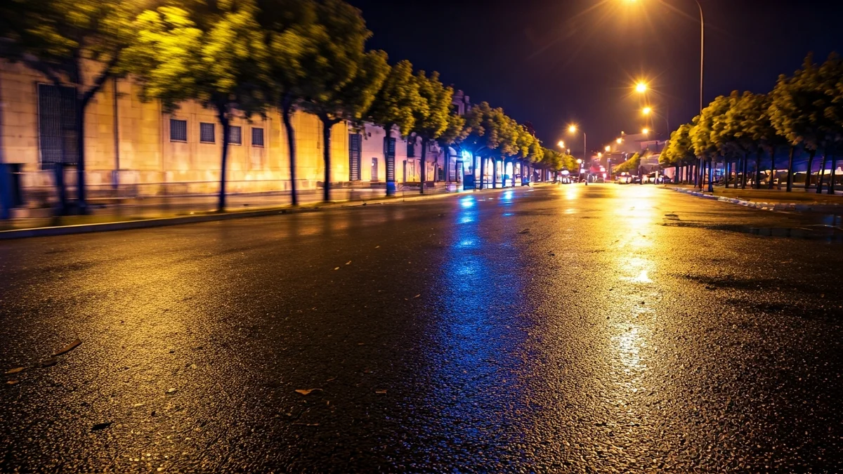 Imatge genèrica de llums d'emergència reflectint-se sobre asfalt mullat amb branques d'arbre caigudes, simbolitzant els efectes d'un temporal de vent.