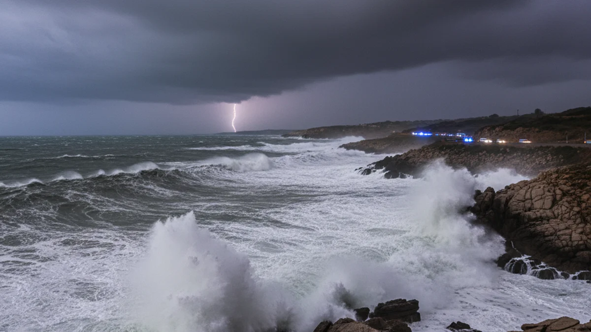 Generic image of a strong sea storm with waves crashing against the coast under an overcast sky.