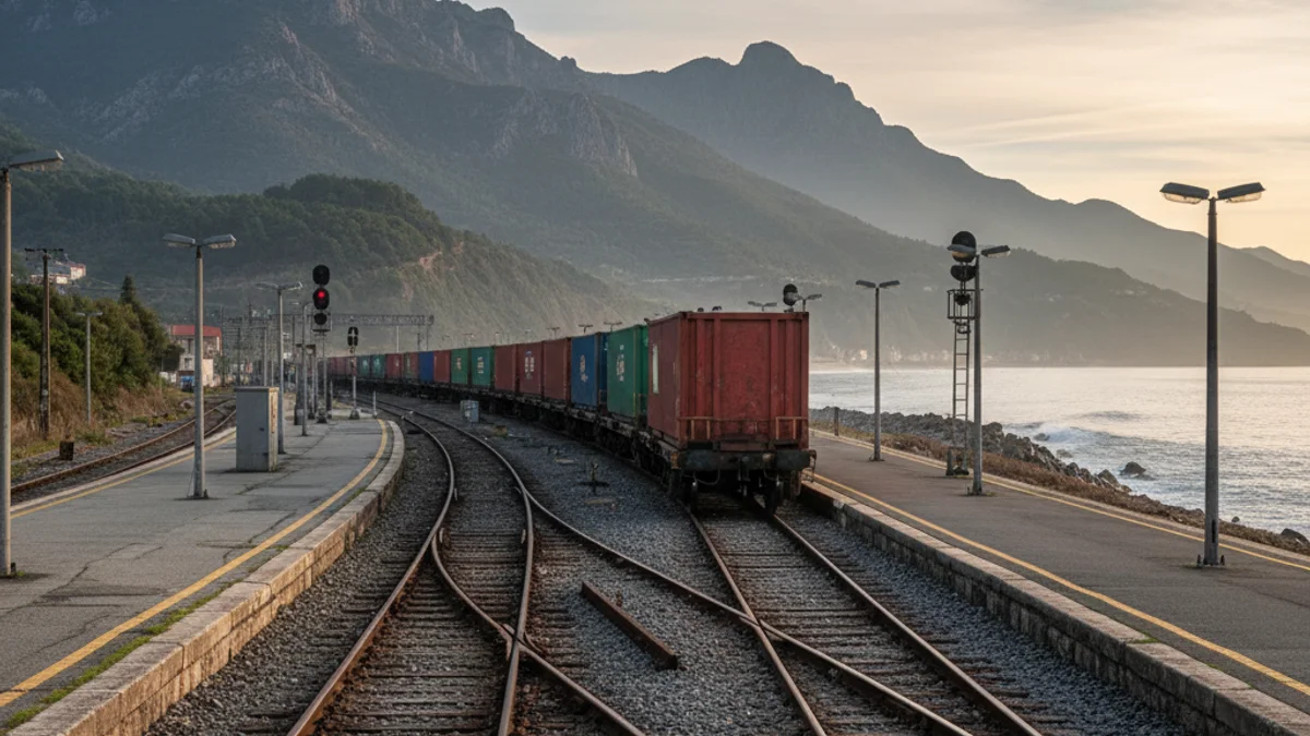 Generic image of a freight train stopped at a coastal station.