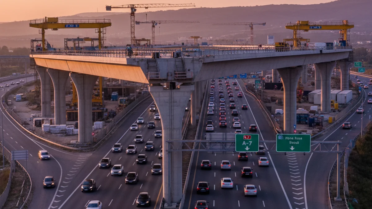 Imatge genèrica de les obres de construcció d'un pont ferroviari sobre una autovia.