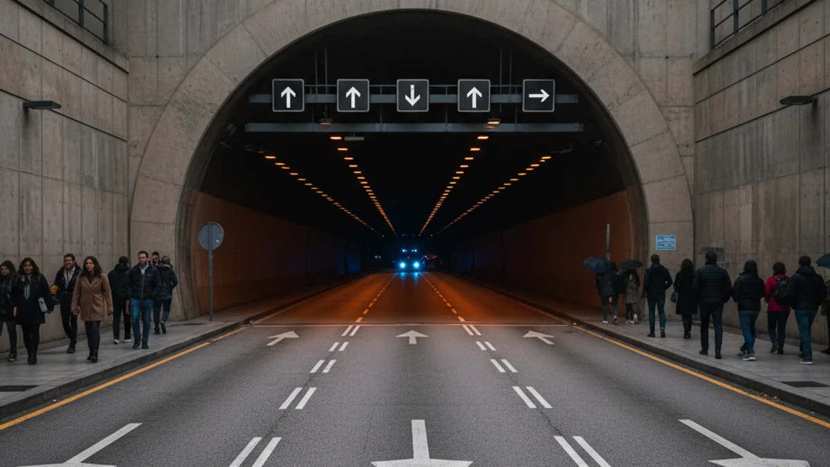 Imatge genèrica de l'entrada d'un túnel urbà amb senyalització viària i il·luminació nocturna.