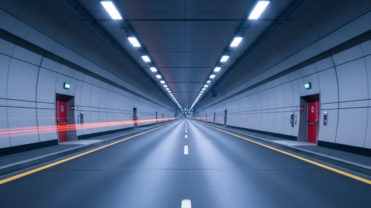 Imatge genèrica de l'interior d'un túnel urbà amb il·luminació moderna i panells de seguretat.