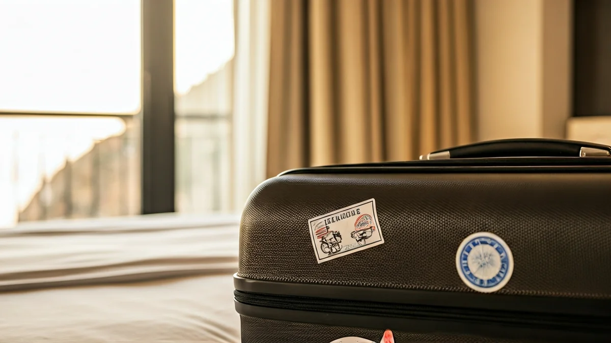 Imatge genèrica d'una maleta en una habitació d'hotel, amb un balcó assolellat al fons.