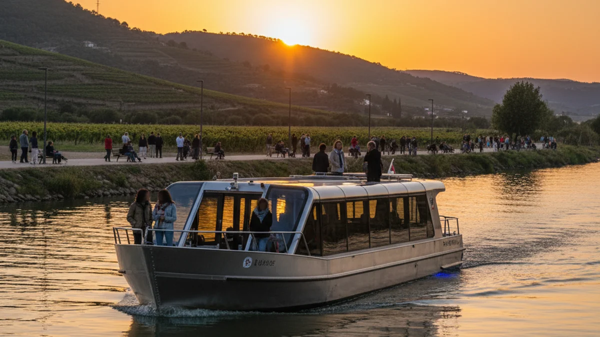 Imatge genèrica d'un vaixell elèctric de passatgers navegant per un riu tranquil.