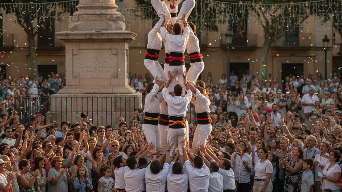 Imatge genèrica d'una celebració castellera amb una multitud a la plaça.