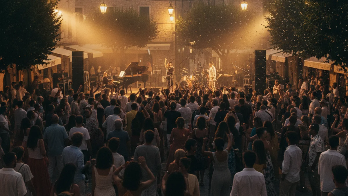 Imatge genèrica d'un concert a l'aire lliure en una plaça durant el vespre.