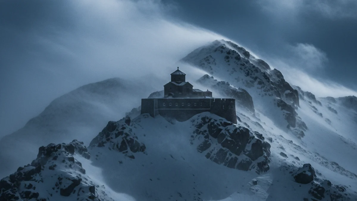 Generic image of a Pyrenean peak under the effects of a severe wind and snow storm.