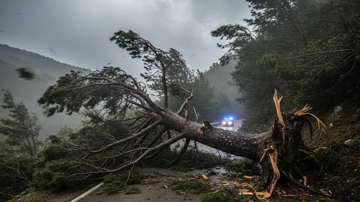 Generic image of a mountain road blocked by a fallen tree during a severe windstorm.