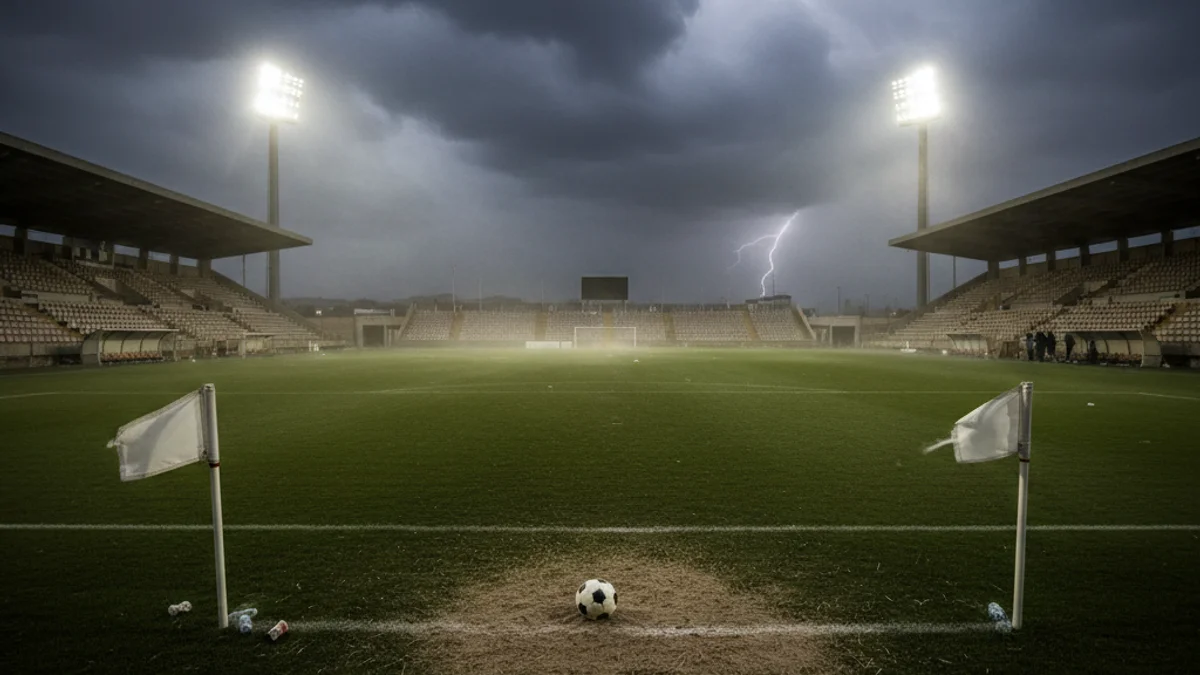 Generic image of an empty football field under a threatening and windy sky.