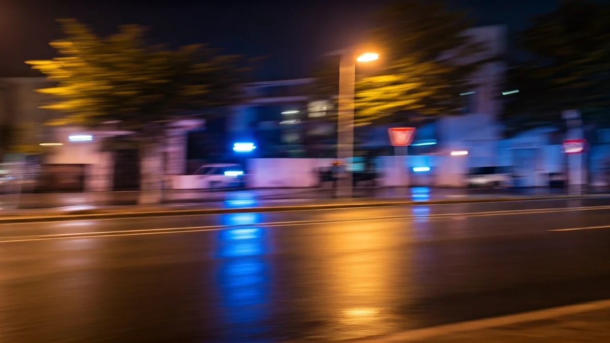 Generic image of emergency lights reflecting on wet asphalt with tree branches swaying in the wind