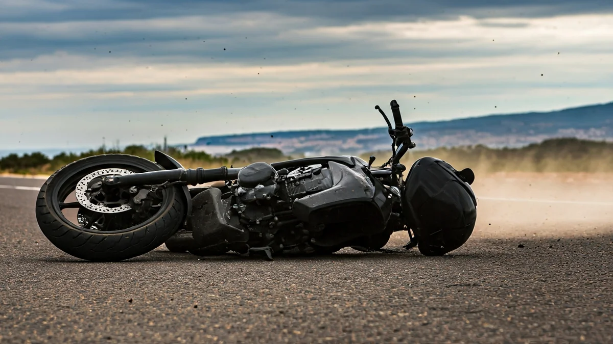 Imatge genèrica d'una motocicleta caiguda a terra en un dia de fort vent.