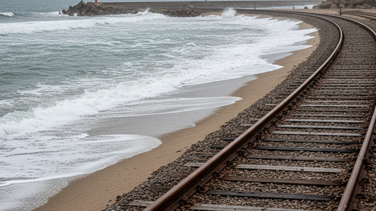 Generic image of railway tracks located a few meters from the beach sand and the sea.