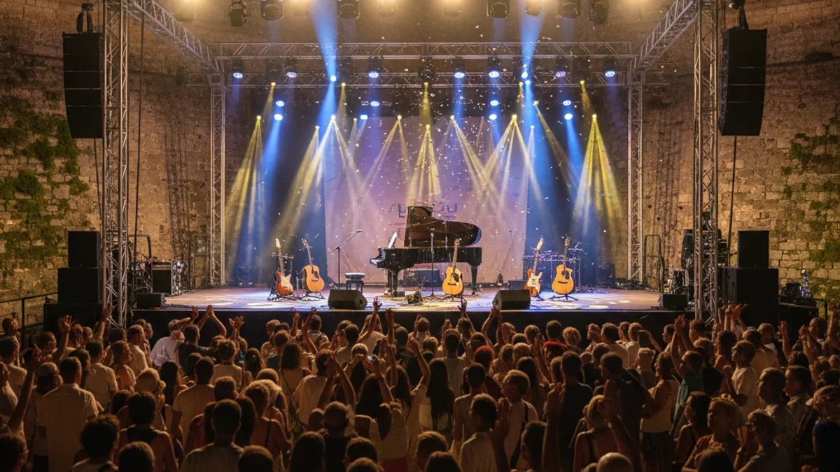 Imatge genèrica d'un escenari de concert a l'aire lliure durant un festival d'estiu en un recinte històric.