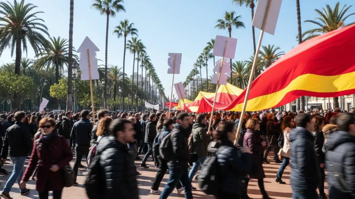 Imatge genèrica d'una concentració de persones en un carrer amb palmeres per reclamar millores laborals.