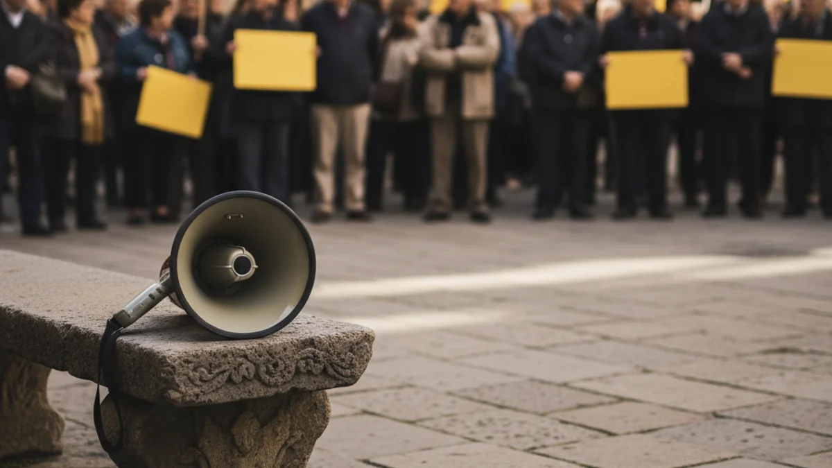Imatge genèrica d'una concentració de gent gran en una plaça pública amb pancartes.