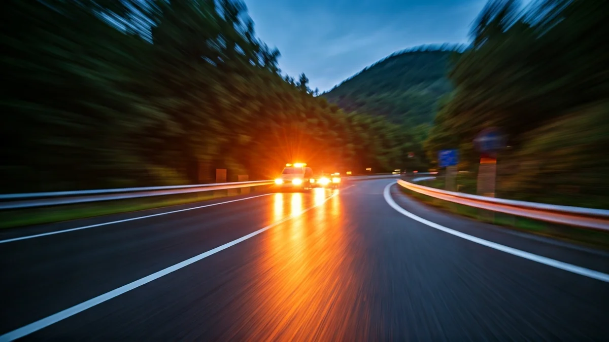 Generic image of emergency lights reflecting on a wet road on a windy night.