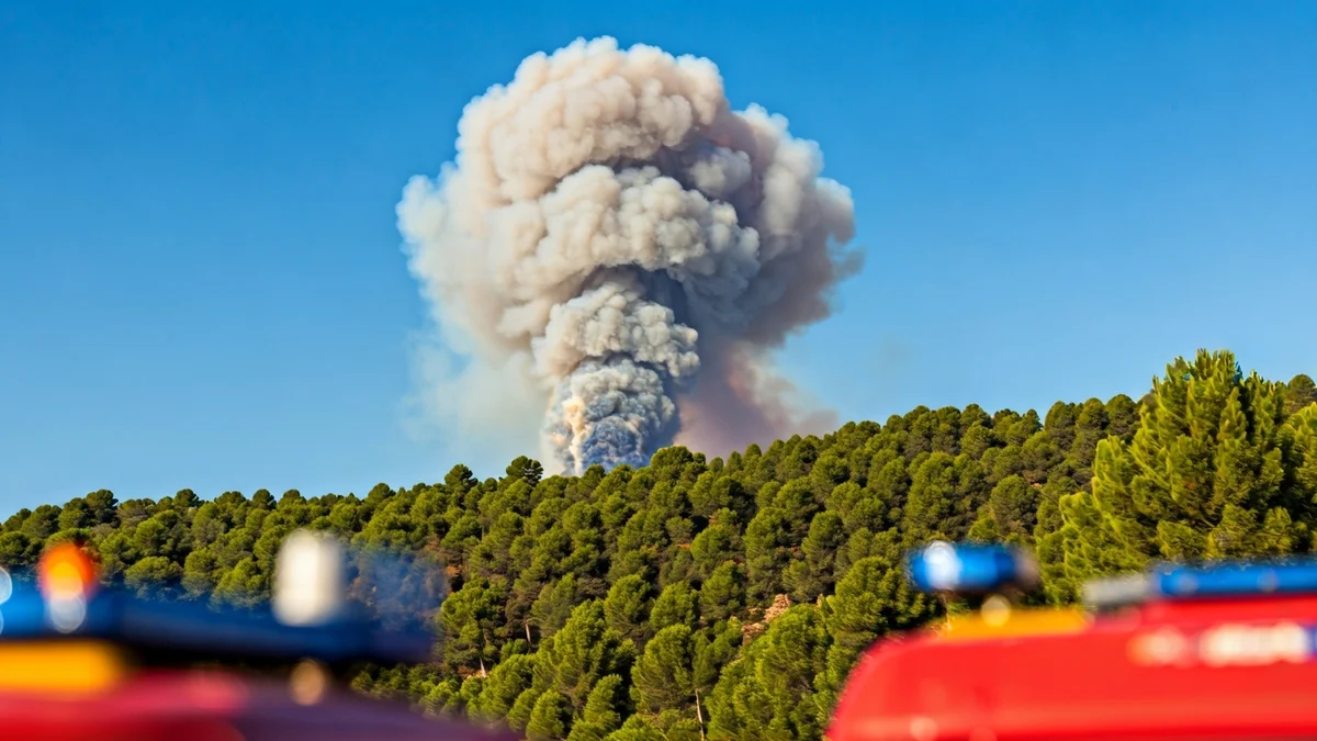 Generic image of a column of grey smoke rising above a pine forest in a Mediterranean landscape, with blurred emergency lights in the foreground.